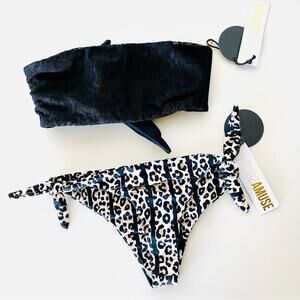 NEW ANTHROPOLOGIE AMUSE SOCIETY Lace Tie Bandeau Black Print Bikini Swimsuit XS